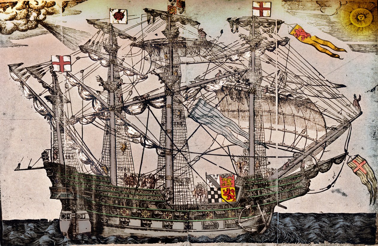 Et træsnit af et skib, der menes at være The Ark Royal, c1587 af Unbekannt