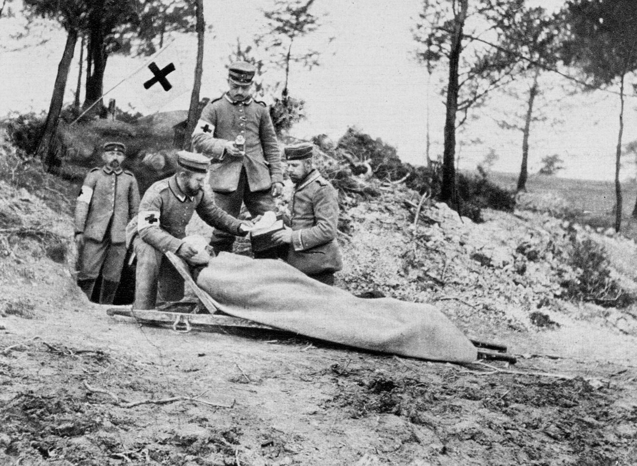 En såret tysk soldat ved en omklædningsstation, Første Verdenskrig, 1915 af Unbekannt