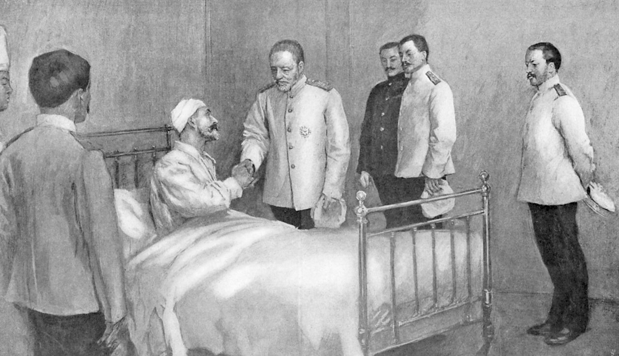 Admiral Togo besøger russisk admiral Rozhestvensky på hospitalet, russisk-japanske krig, 1904-5 af Unbekannt