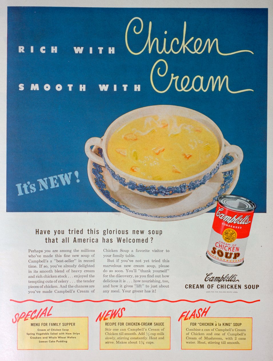 Annonce for Campbells Condensed Cream of Chicken Suppe, 1949 af Unbekannt