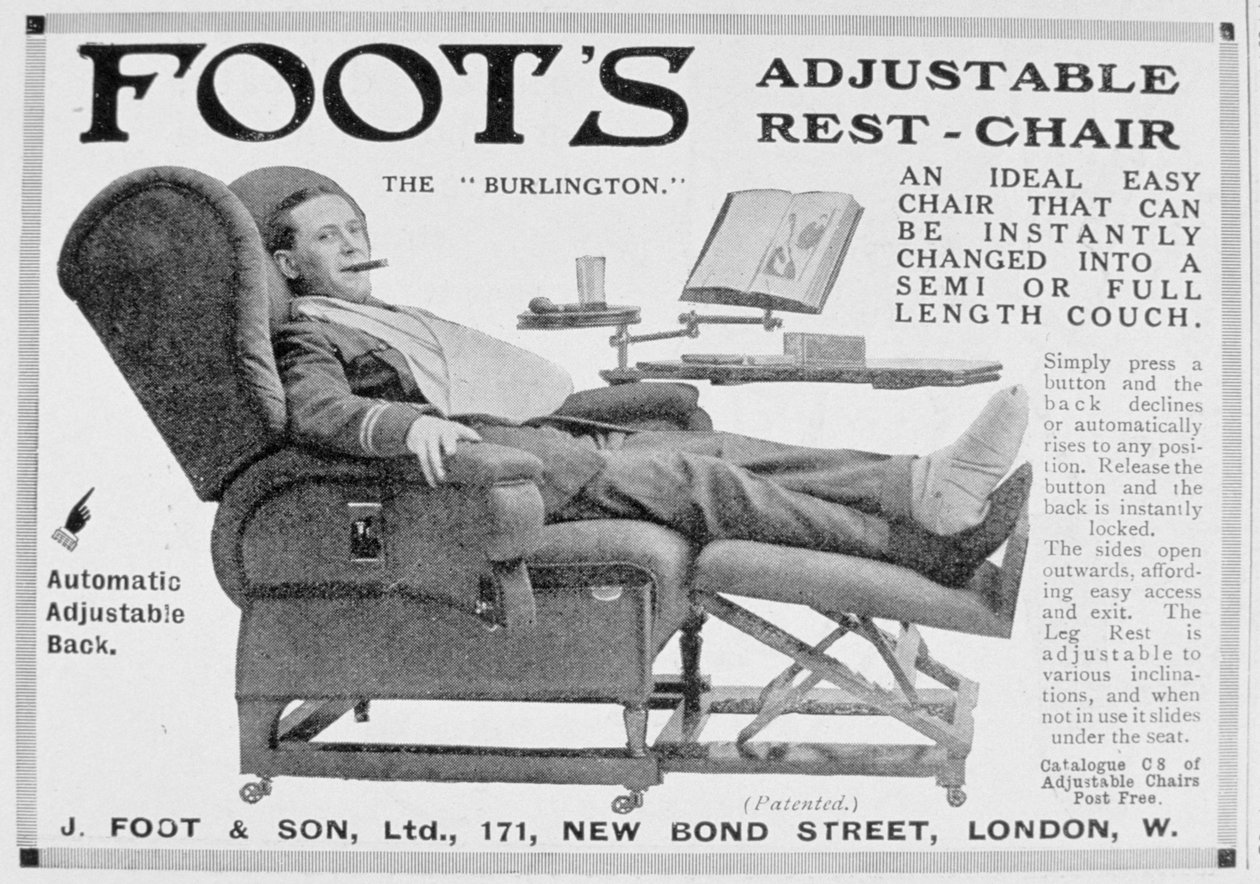 Annonce for Foots Burlington justerbar hvilestol, 1916 af Unbekannt
