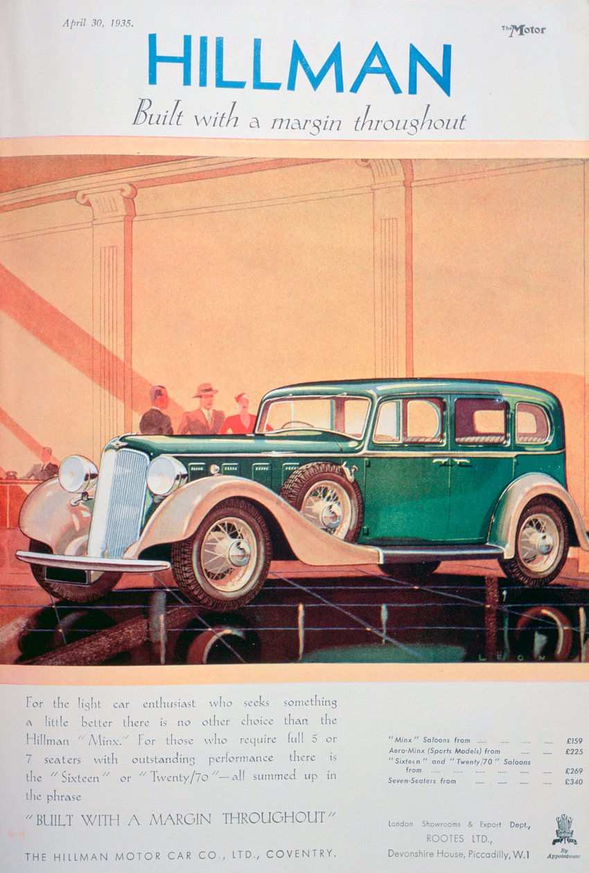 Annonce for Hillman-biler, 1935 af Unbekannt