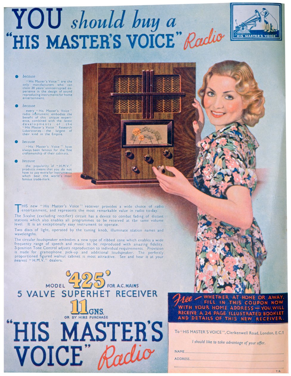 Annonce for His Masters Voice-radioer, 1936 af Unbekannt