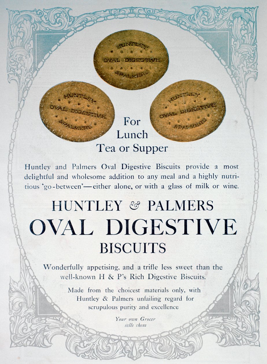 Annonce for Huntley og Palmers Oval Digestive Biscuits, 1909 af Unbekannt