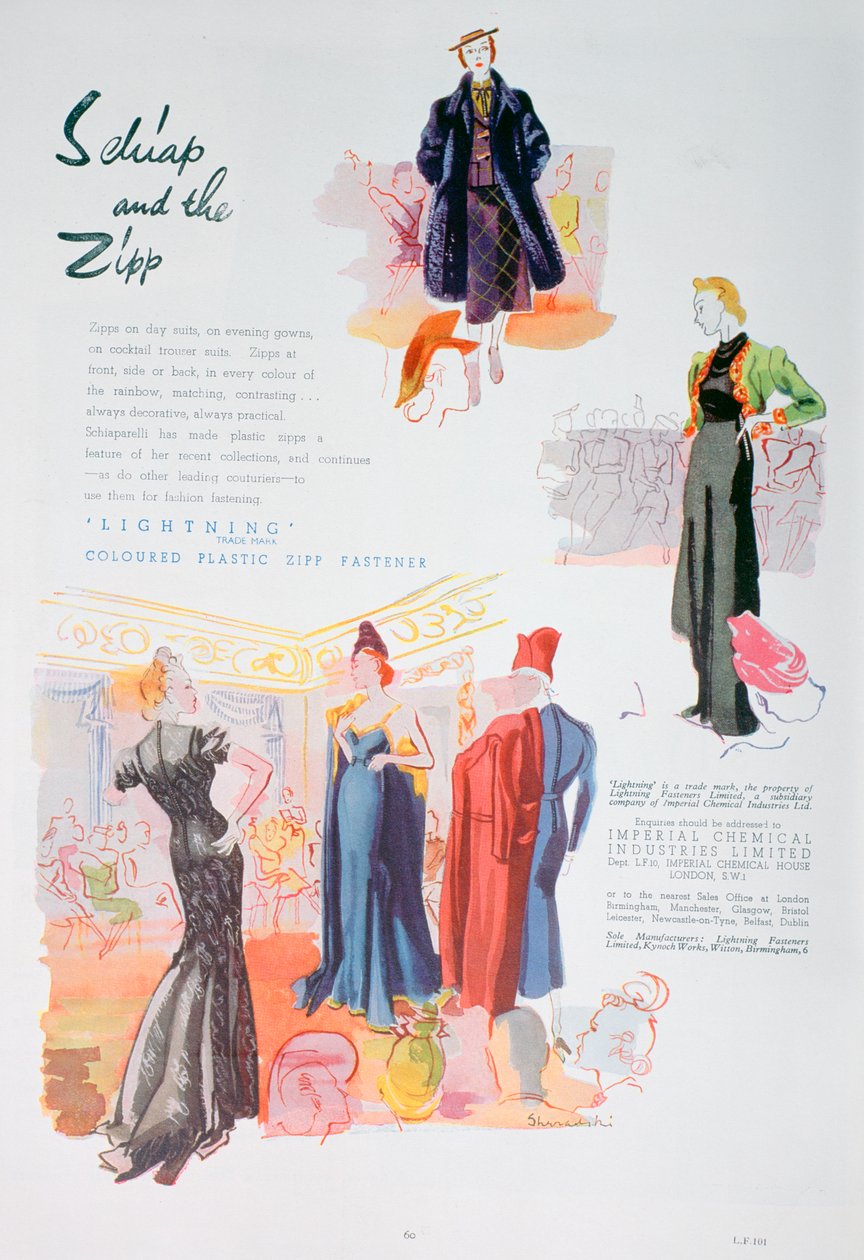 Annonce for lynfarvede plastiklynlåse fra ICI, 1937 af Unbekannt