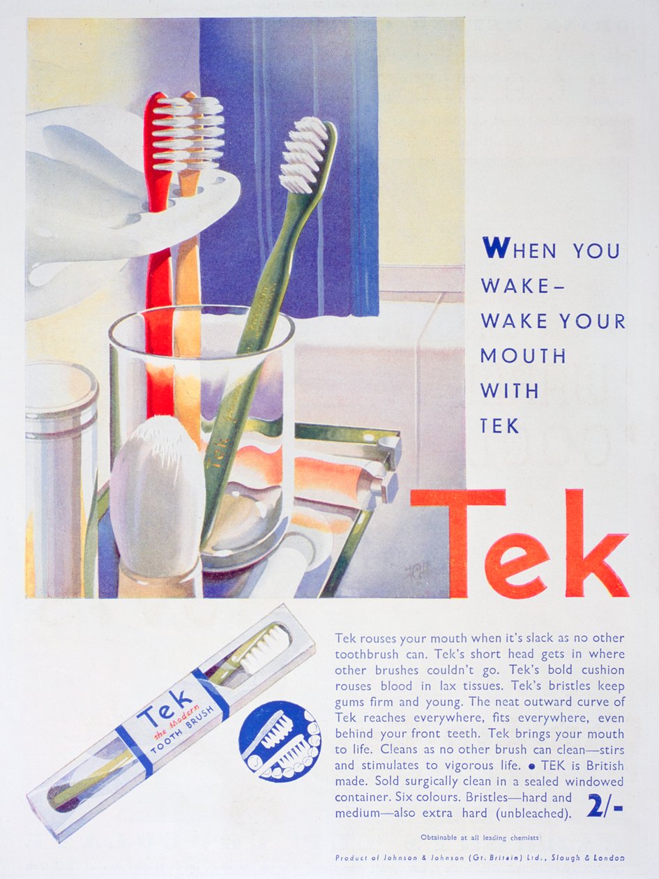 Annonce for Tek-tandbørster, af Johnson og Johnson, 1931 af Unbekannt