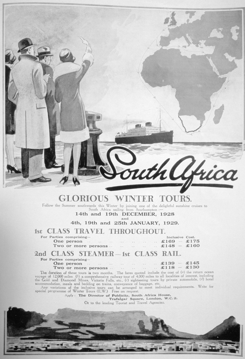 Annonce for vinterrejser i Sydafrika, 1928 af Unbekannt