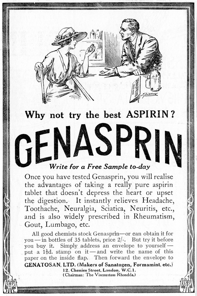 Annonce for Genasprin, et proprietært mærke af lægemidlet Aspirin. 1919 af Unbekannt
