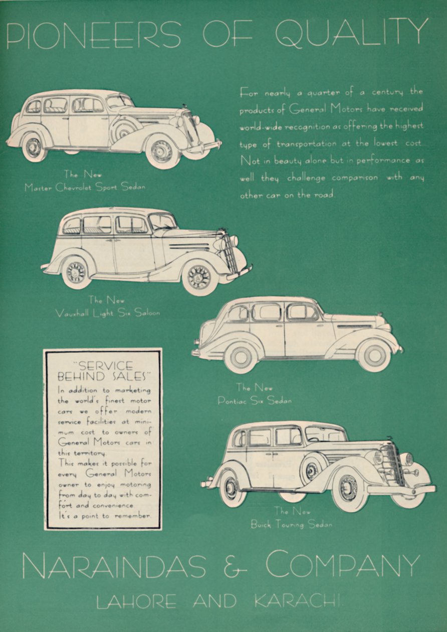 Annonce for Naraindas & Company, leverandører af biler, 1936. af Unbekannt