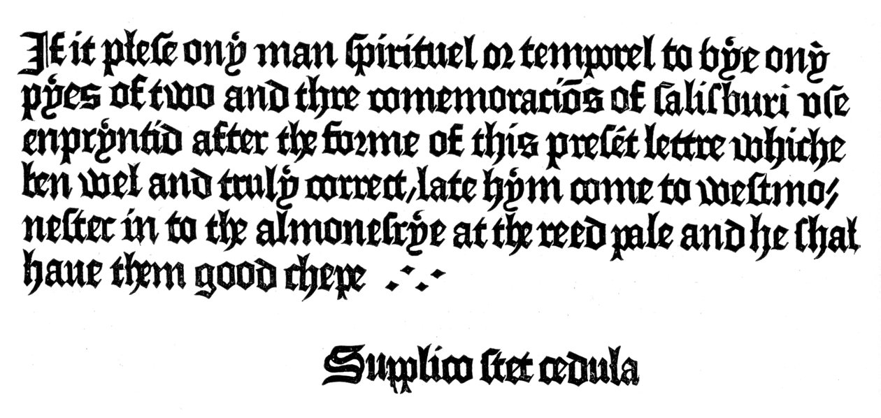 Annonce for en bog trykt af William Caxton, 1400-tallet 1893 af Unbekannt