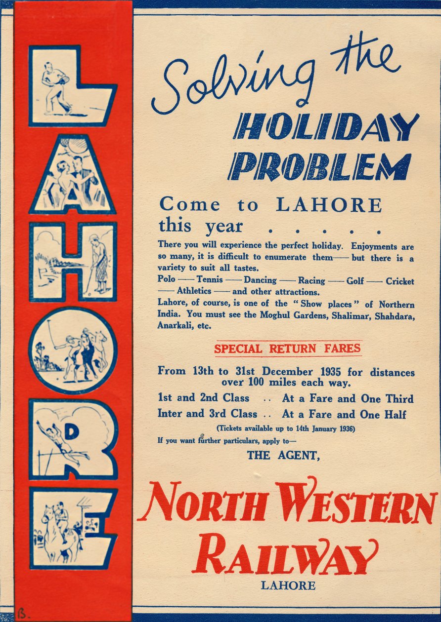Annonce for North Western Railway, der promoverer rejser til Lahore, 1936. af Unbekannt