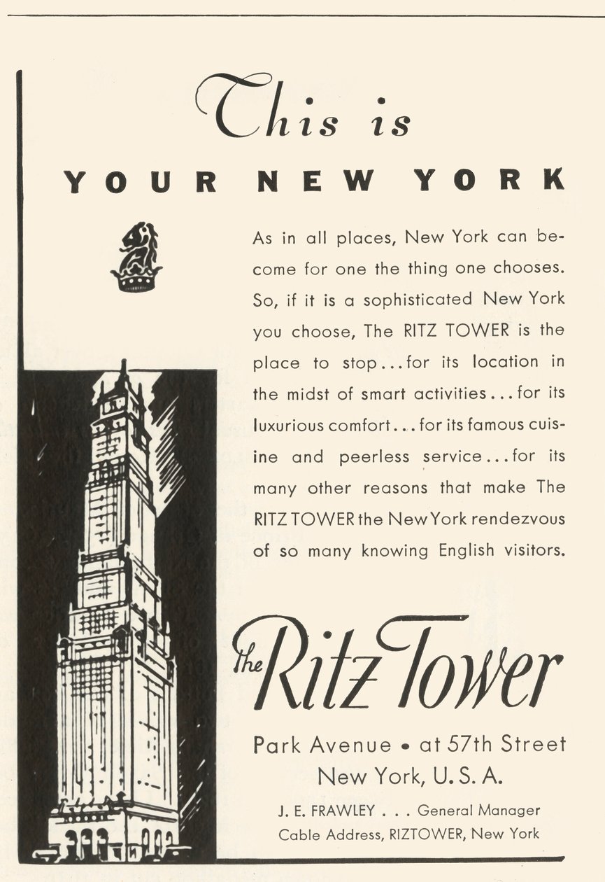 Annonce for Ritz Tower Hotel i New York, 1934. af Unbekannt