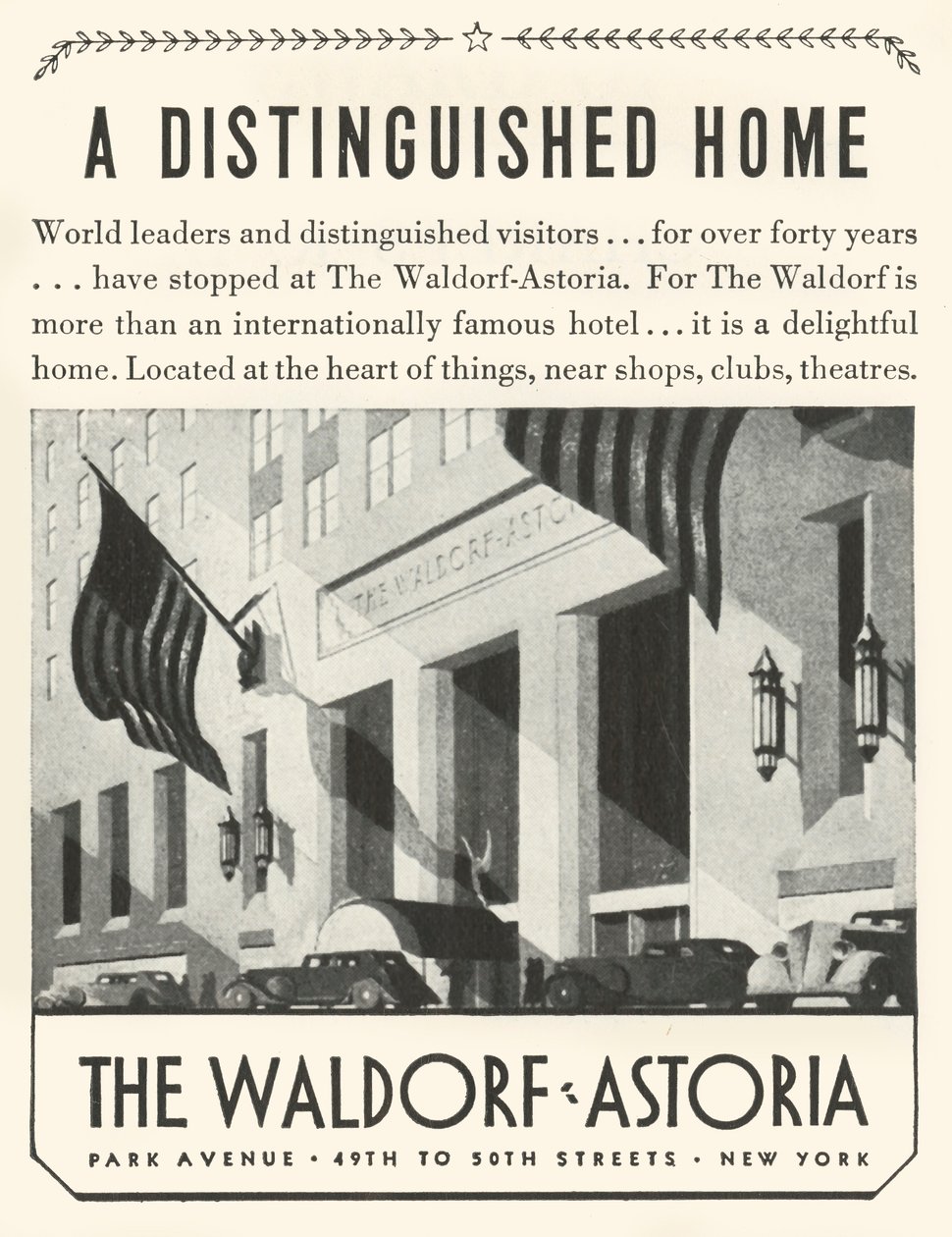 Annonce for Waldorf-Astoria Hotel i New York, 1934. af Unbekannt