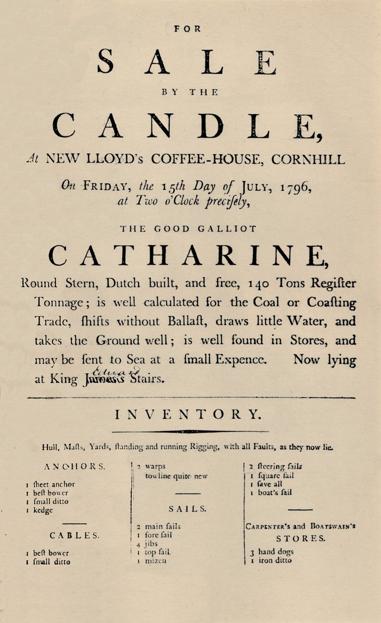 Annonce for salg af Candle i Lloyds, 1796, 1928 af Unbekannt