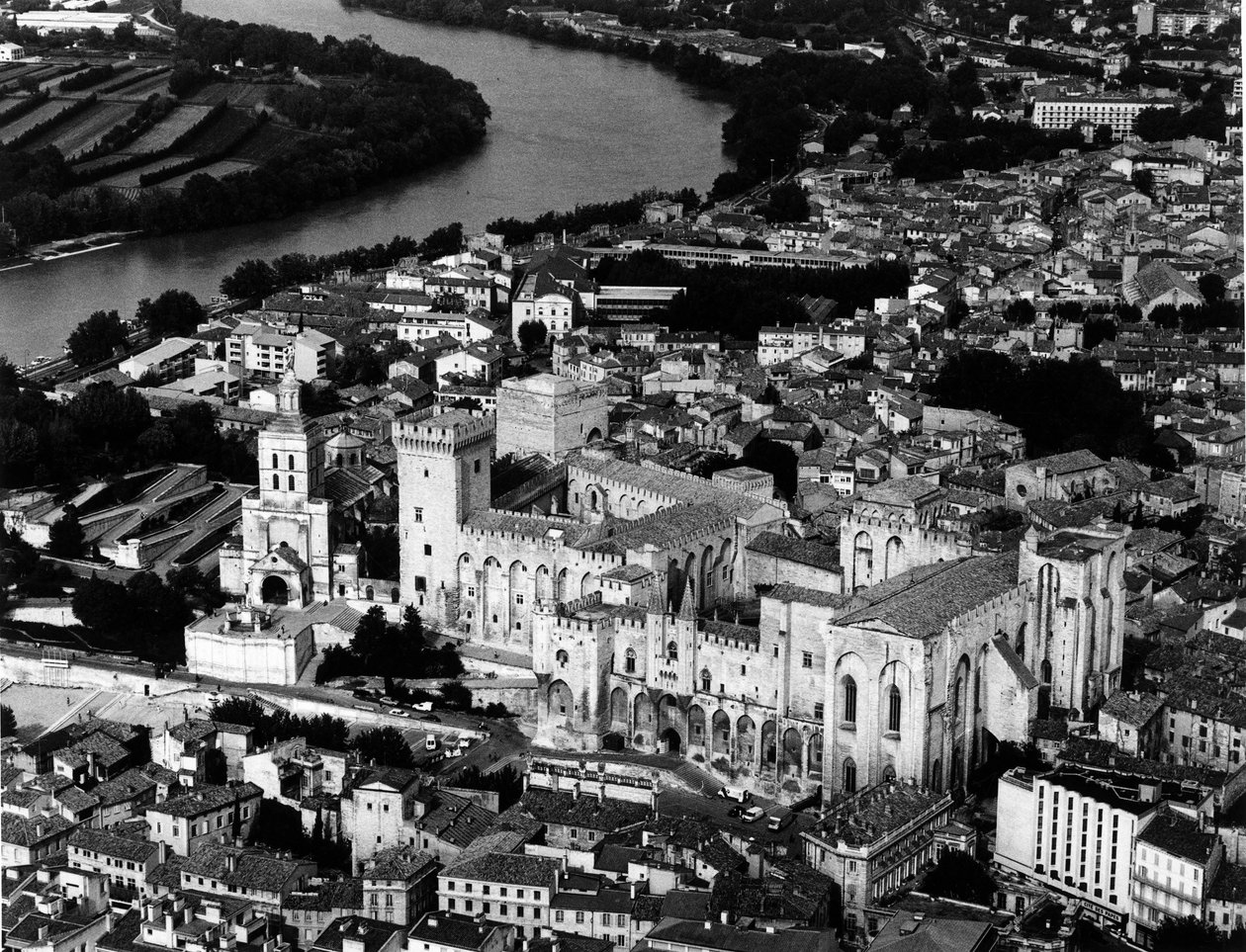 Luftudsigt over pavenes palads (1335-1355) og katedralen Notre Dame des Doms (Notre-Dame-des-Doms) (1100-tallet). Avignon, Vaucluse af Unbekannt