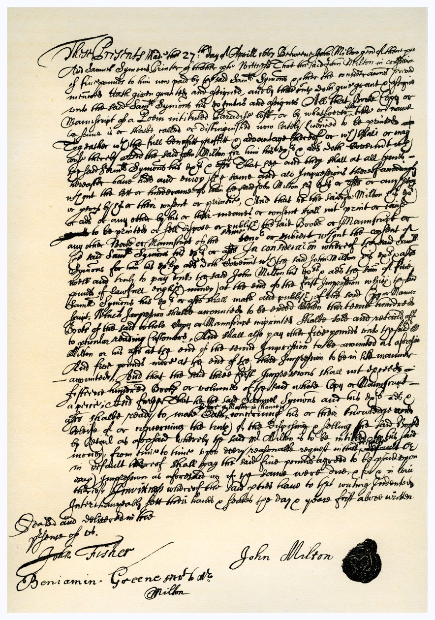 Aftale mellem John Millton og Samuel Symons, 27. april 1667 af Unbekannt