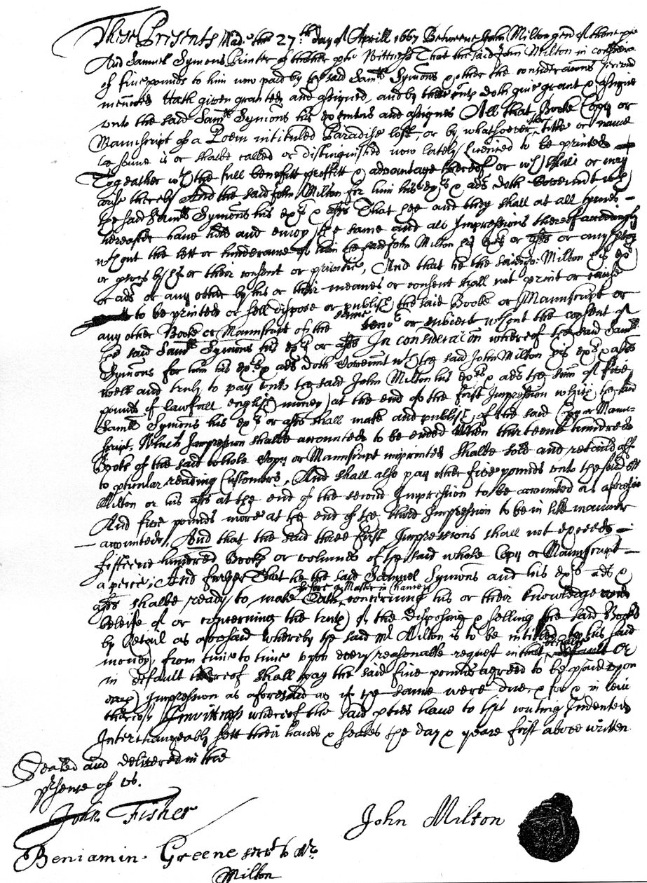 Aftale mellem John Milton og trykkeren, Samuel Symons, om salg af ophavsretten til 