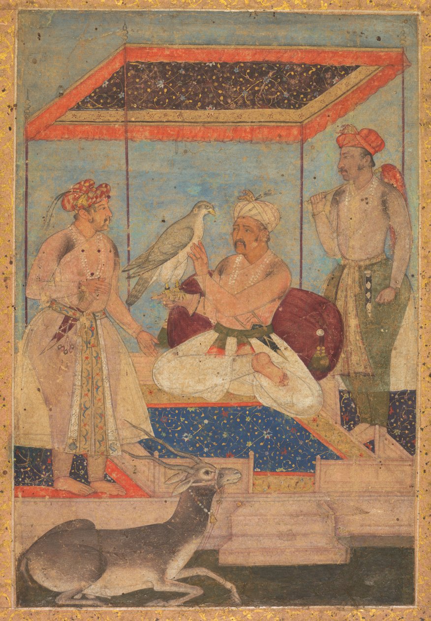 Akbar og Jahangir undersøger en Ghir-falk, mens prins Khusrau står bagved, ca. 1602-1604. af Unbekannt