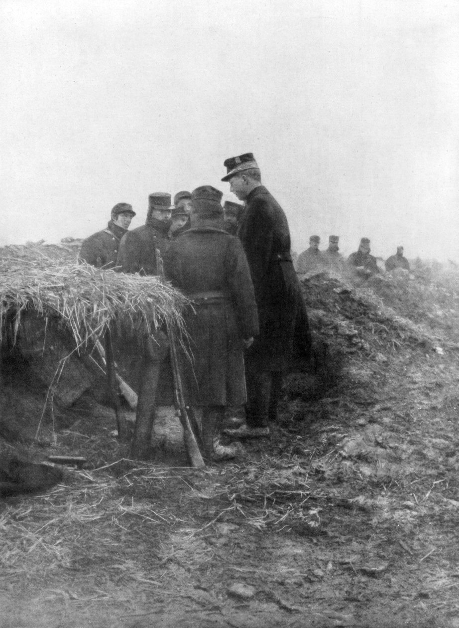 Albert I, den tredje konge af belgierne, besøger skyttegravene i Avecapelle, Belgien, 1915 af Unbekannt