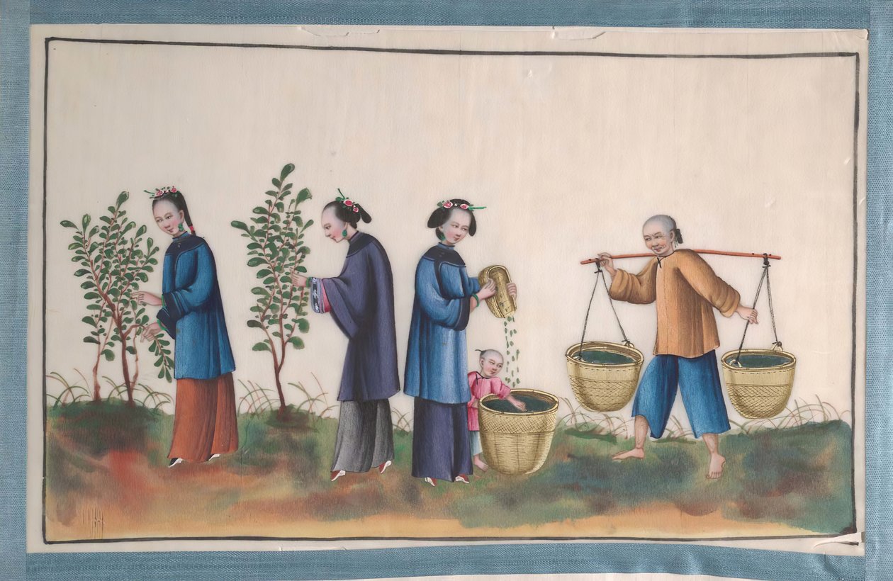 Album indeholdende tolv malerier af mennesker, der fremstiller silke, 1800-tallet. af Unbekannt