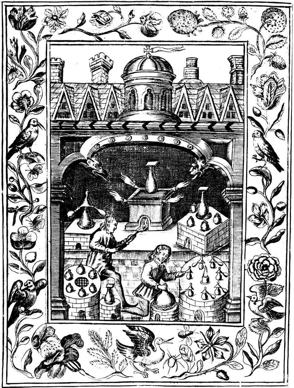 Alkymistisk laboratorium, der viser forskellige former for ovne og beholdere, 1652 af Unbekannt