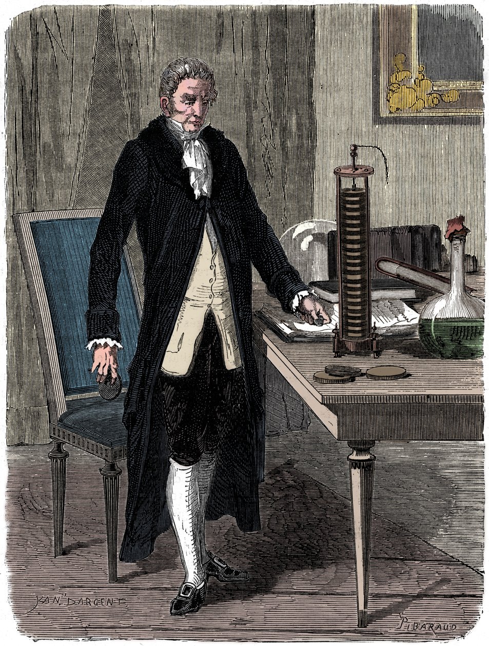 Alessandro Volta, italiensk fysiker, demonstrerer sit elektriske batteri, c1800 c1870 af Unbekannt
