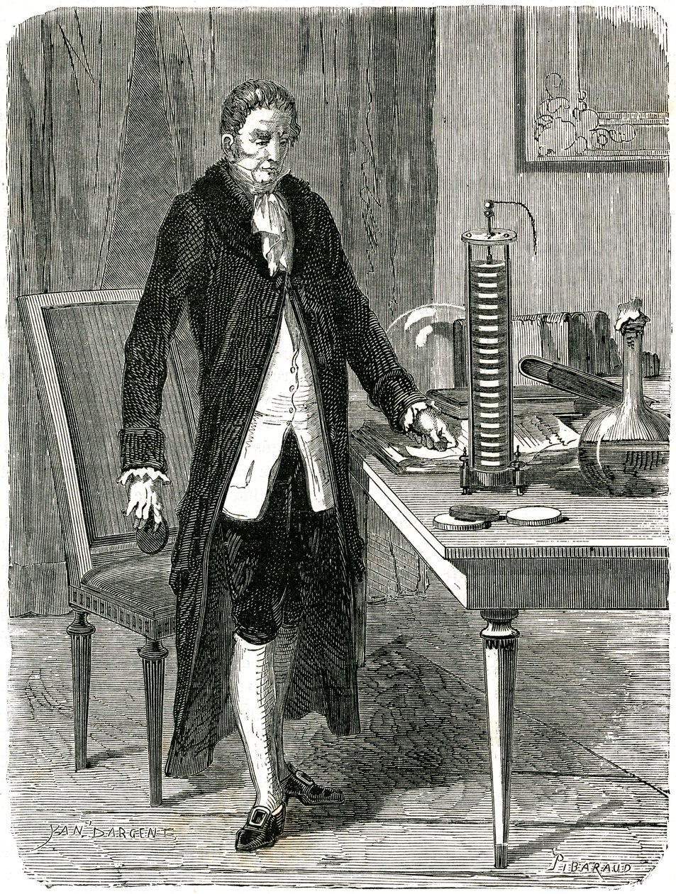 Alessandro Volta, italiensk fysiker, demonstrerer sit elektriske batteri, c1800 c1870 af Unbekannt
