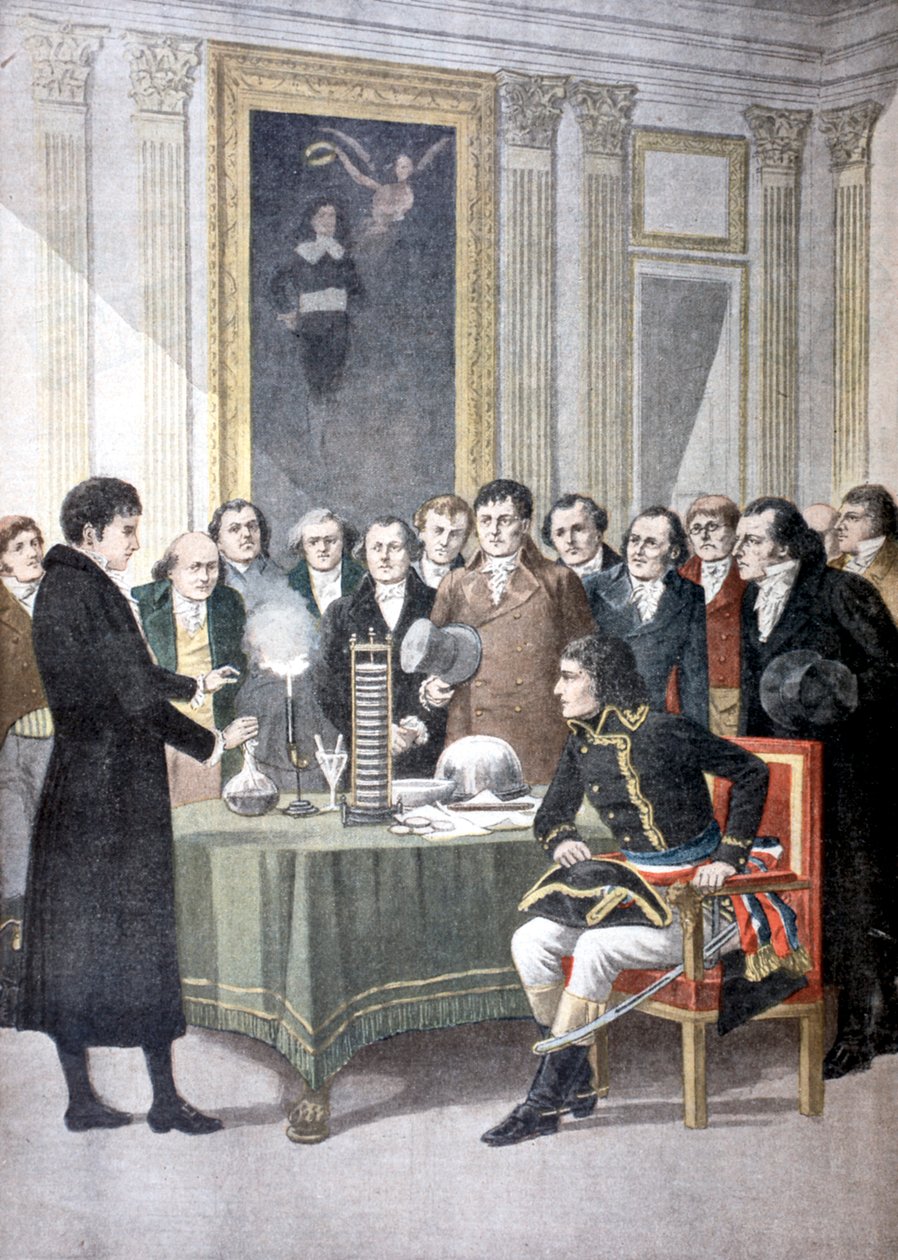 Alessandro Volta, demonstrerer sit bunkebatteri for Napoleon, c1800 1901 af Unbekannt