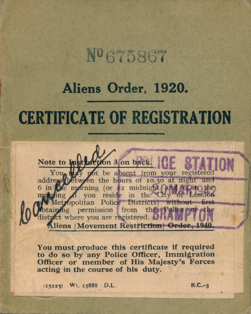 Udlændingeordenen, registreringsattest, 1920 af Unbekannt