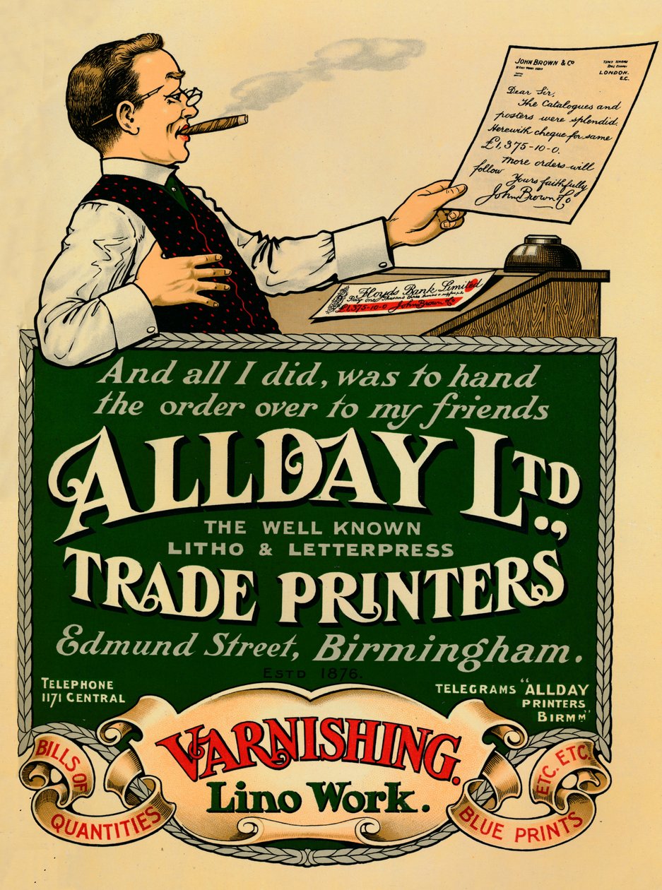 Allday Ltd., annonce for handelsprintere, 1910 af Unbekannt
