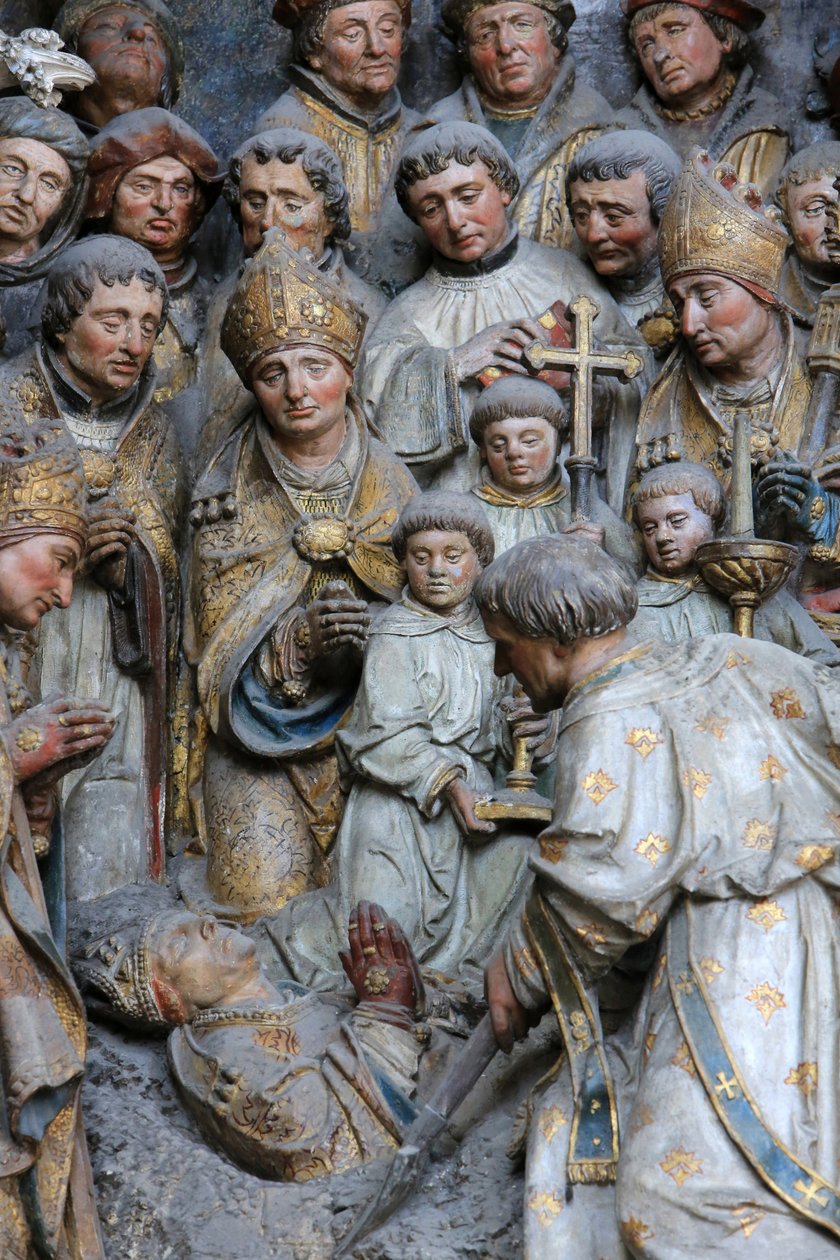 Amiens Oversættelse af relikvier af St. Firmin. Udgravning af resterne af martyren. Detalje af historien om St. Firmin beliggende over den liggende Adrien Henencourt. Amiens-katedralen, Amiens, Frankrig af Unbekannt