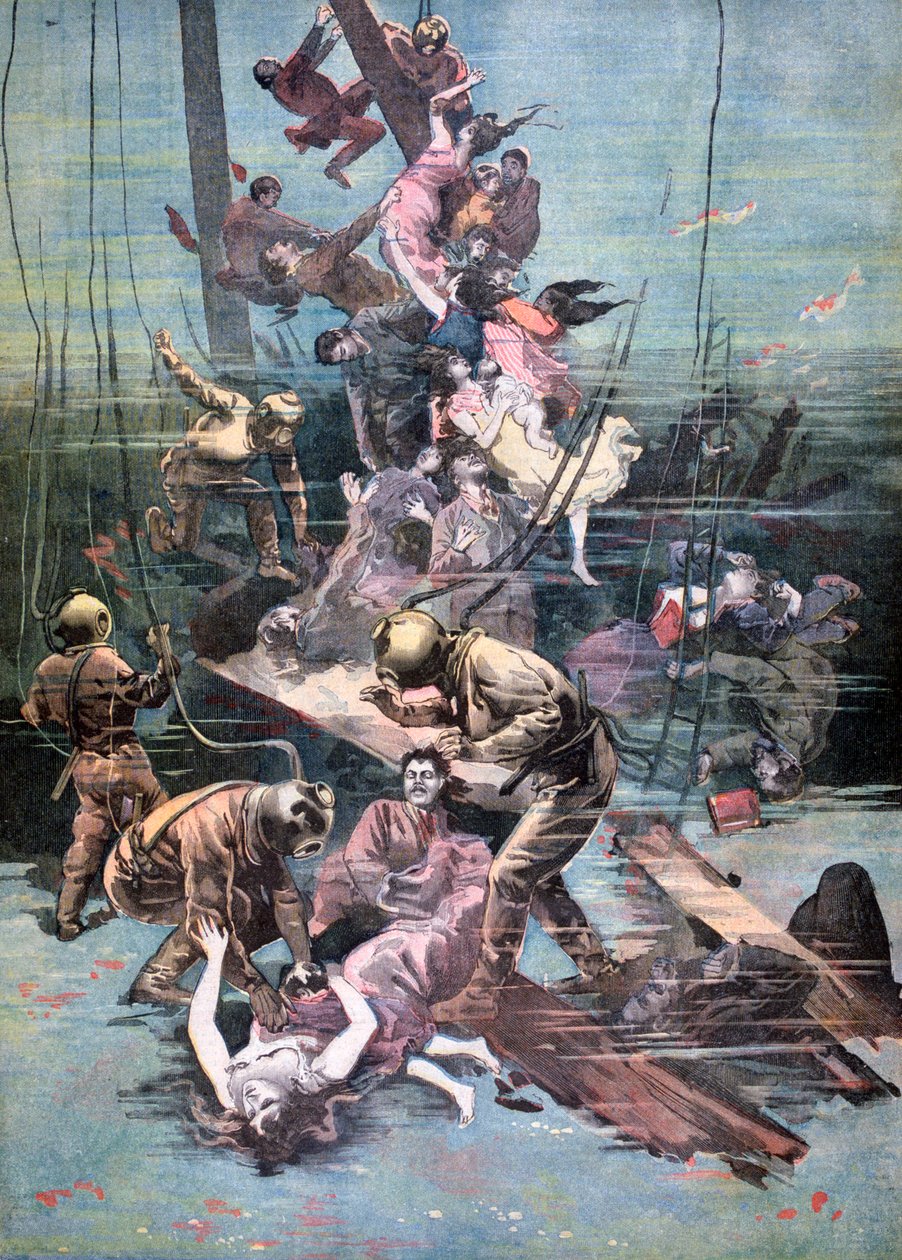 En ulykke i Santander, dykkere på udkig efter ofrenes kroppe, 1893 af Unbekannt