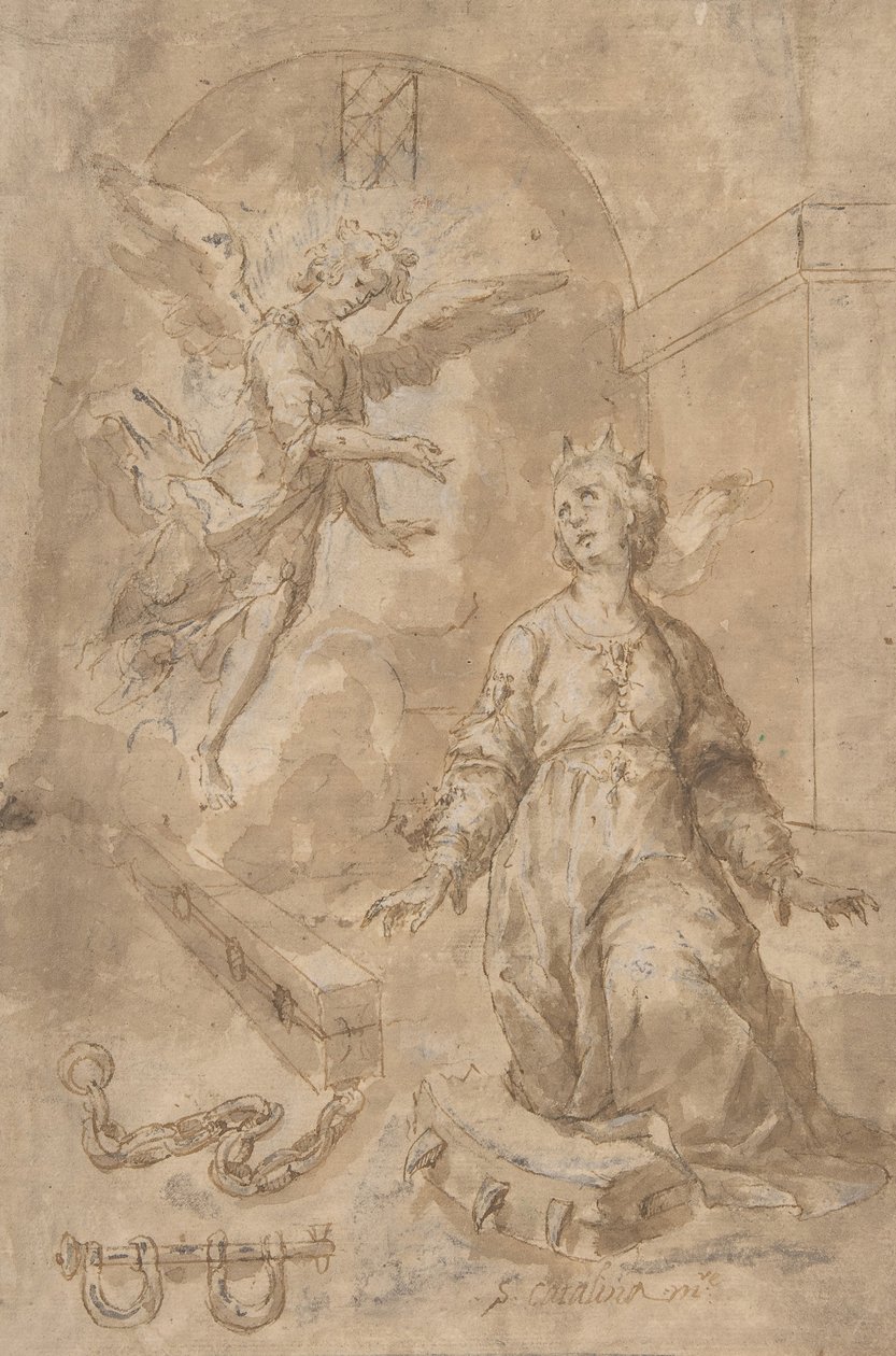 En engel, der viser sig for den hellige Katarina af Alexandria i fængslet recto, Volute verso, 17. årh. af Unbekannt