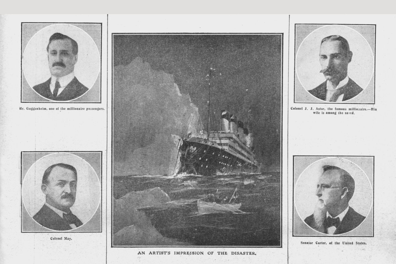 An Artists Impression of the Disaster, og portrætter af relaterede personer, 20. april 1912. af Unbekannt