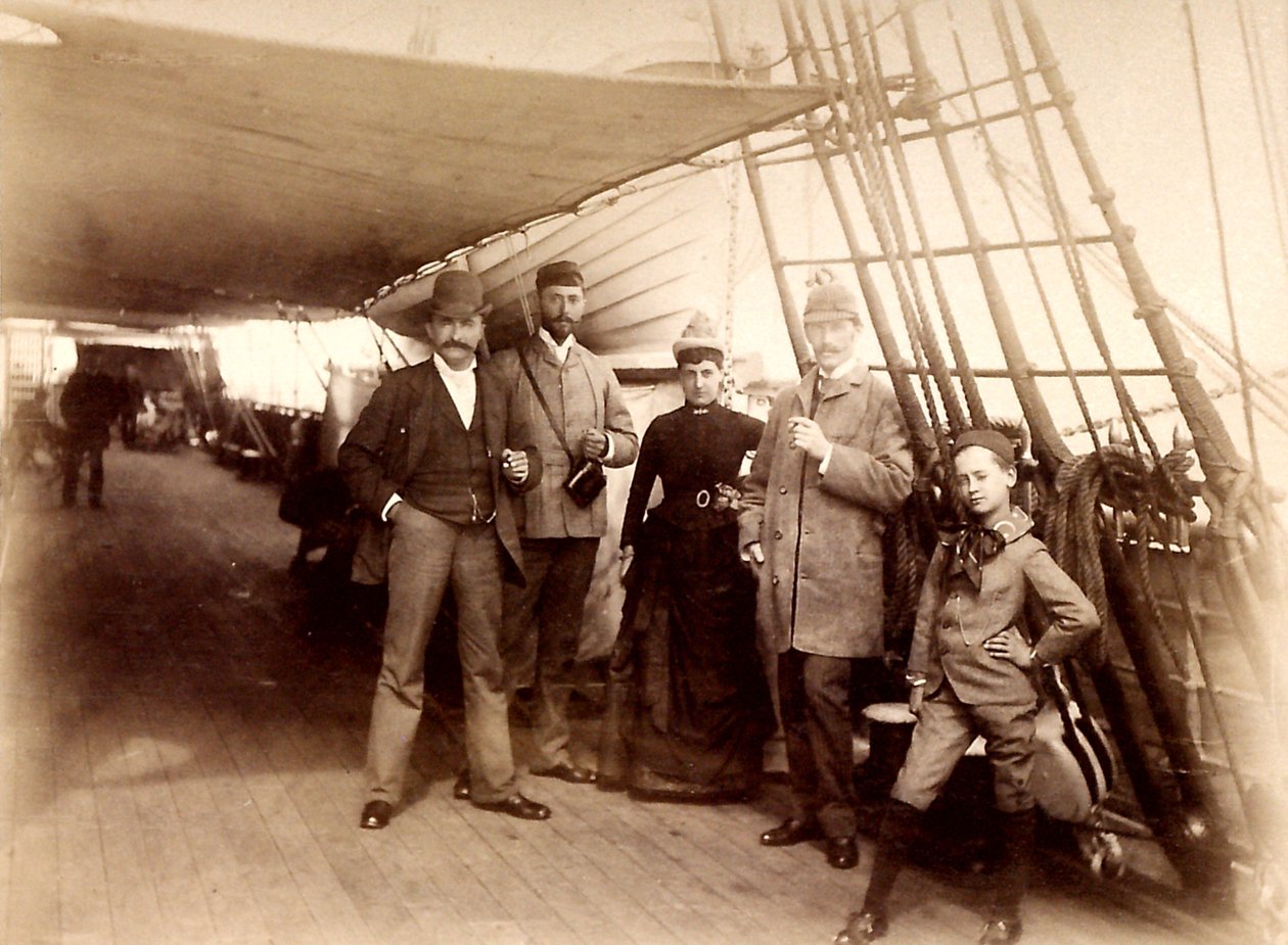 Ombord på Fulda, der viser D. Blottnitz, Dr. Hildebrand Koch, Kirchner og Wilh. Mallinkrodt krydser Atlanterhavet ombord på damperen Fulda af Unbekannt