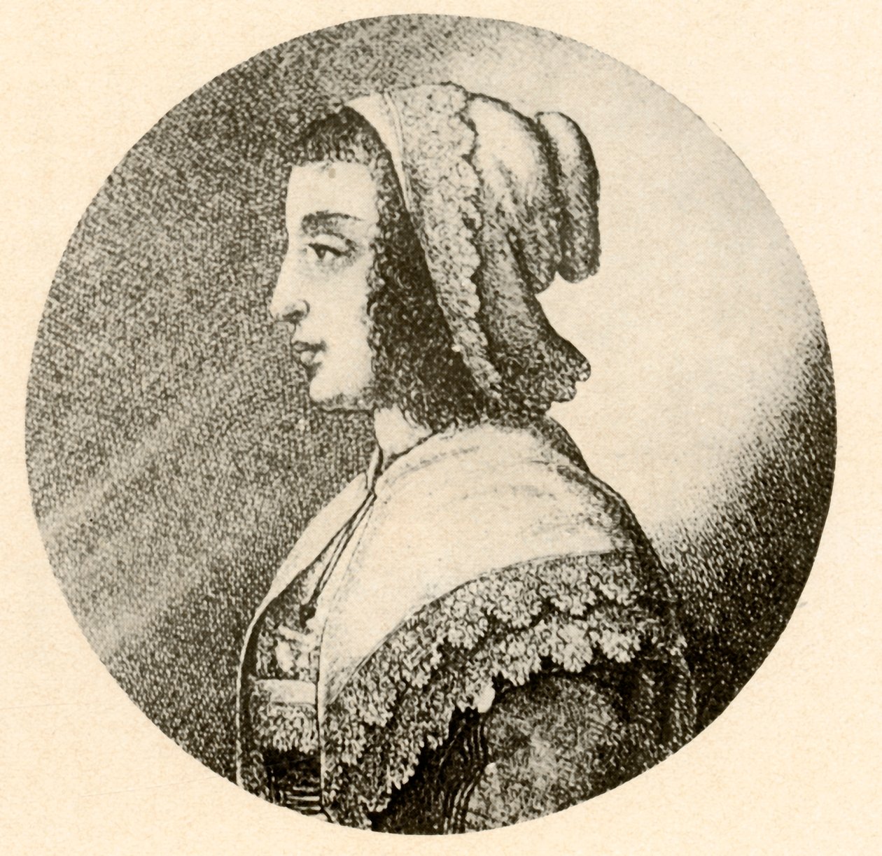 En engelsk kvinde i coif og tørklæde trimmet med Vandyke blonder, 1640, 1937. af Unbekannt