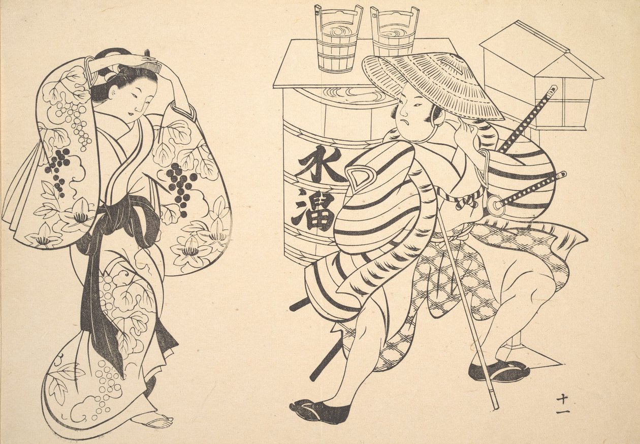 En Oiran omarrangerer sit hår på gaden, mens en ung samurai ser på. af Unbekannt
