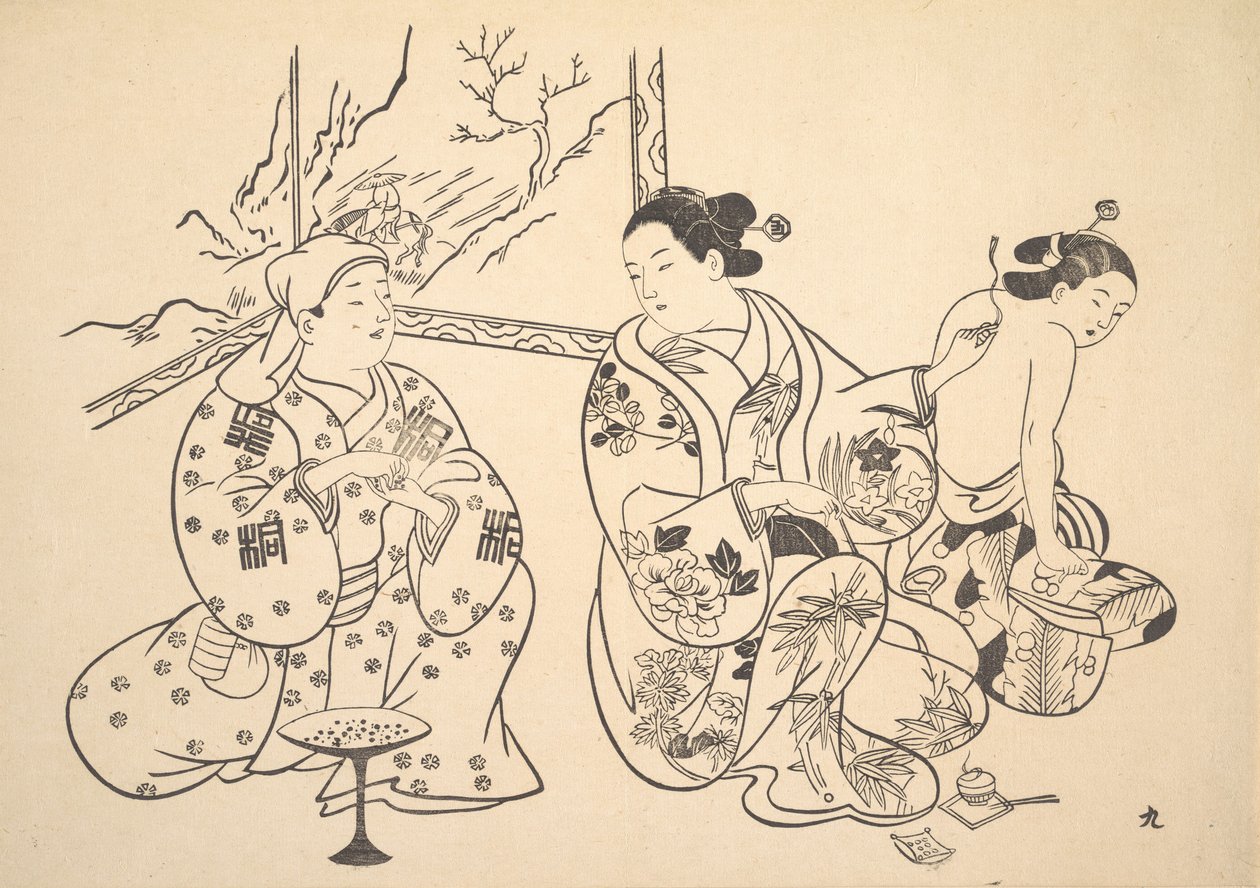 En Oiran, der sidder i en stue, anvender brandbehandlingen på en anden kvindes blottede ryg. af Unbekannt
