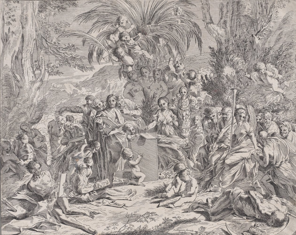En allegori over maleriet, der som barn i midten til venstre tegner på en tavle, surrou..., 1650-1700. af Unbekannt