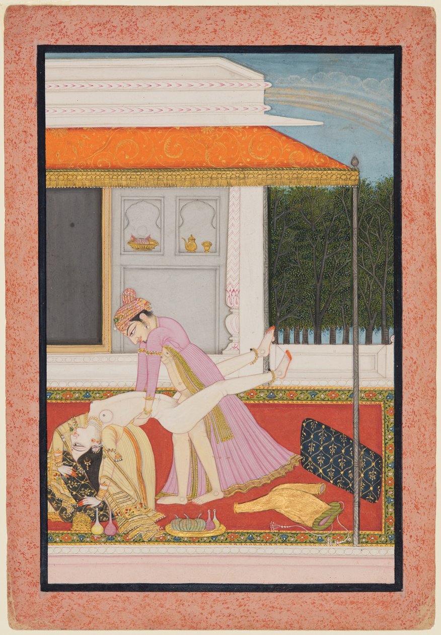 Et amorøst par, sandsynligvis Raja Mahendra Pal fra Basohli r. 1806- 1813 med en favorit...c. 1810. af Unbekannt