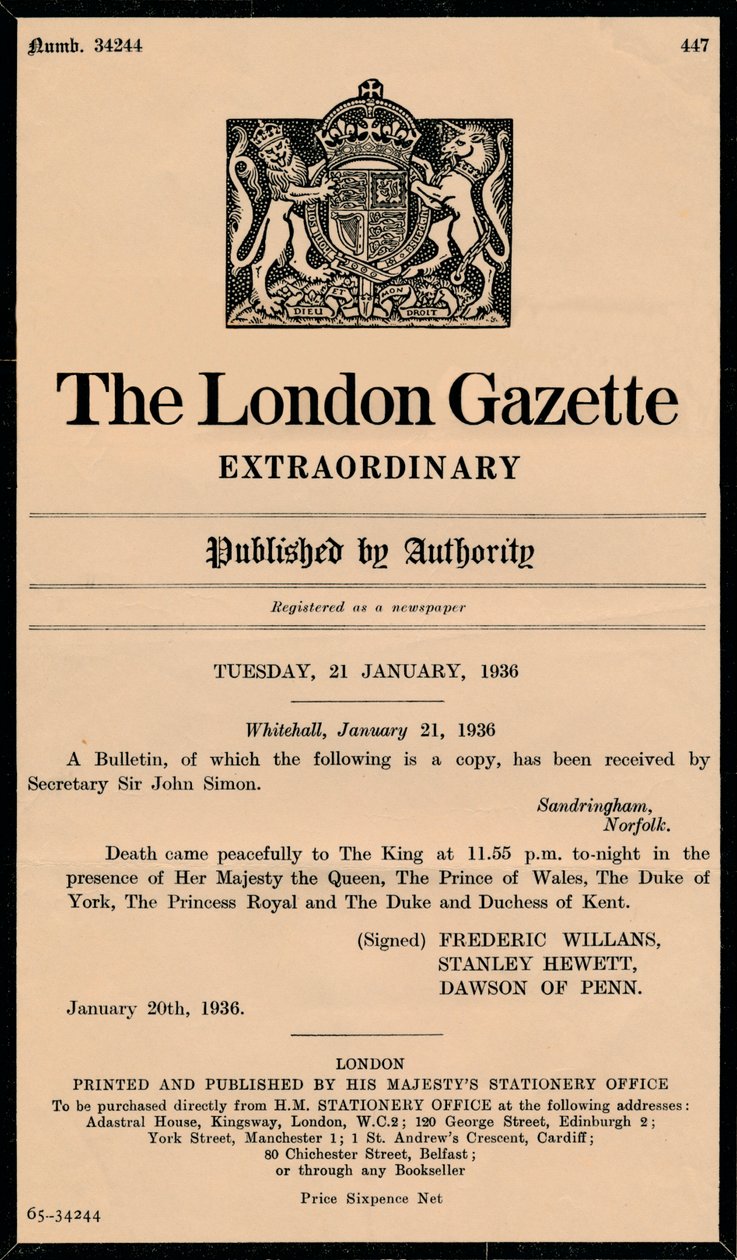 En ekstraordinær bulletin fra The London Gazette, der annoncerer kong George Vs død 1865-1936 af Unbekannt