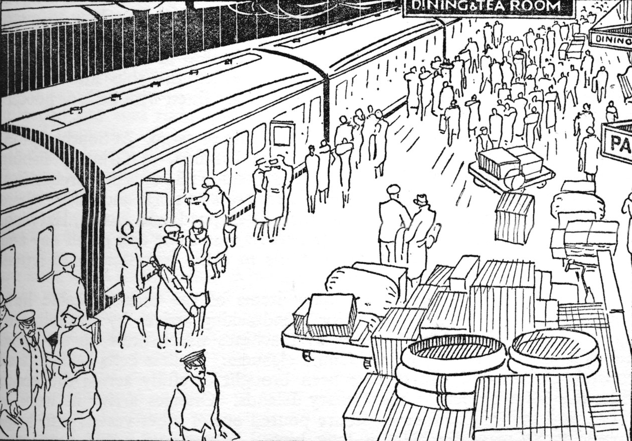 En illustration af en jernbanestation fra 1930