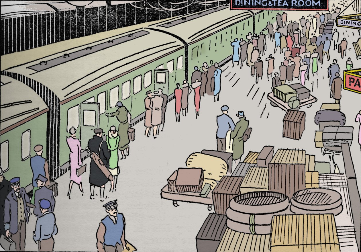 En illustration af en jernbanestation fra 1930