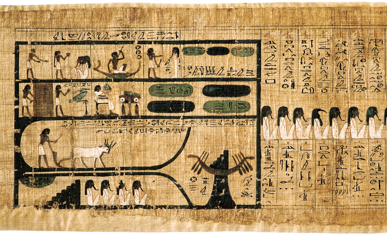 Gamle egyptiske dødebog på papyrus, der viser skrevne hieroglyffer af Unbekannt
