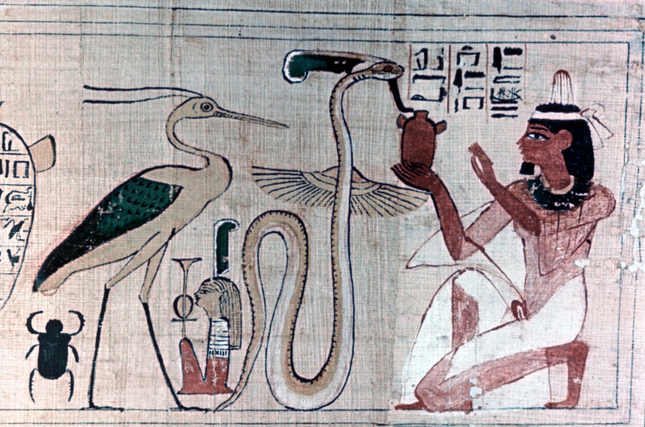 Gammel egyptisk dødspapyrus knælende foran en slange af Unbekannt