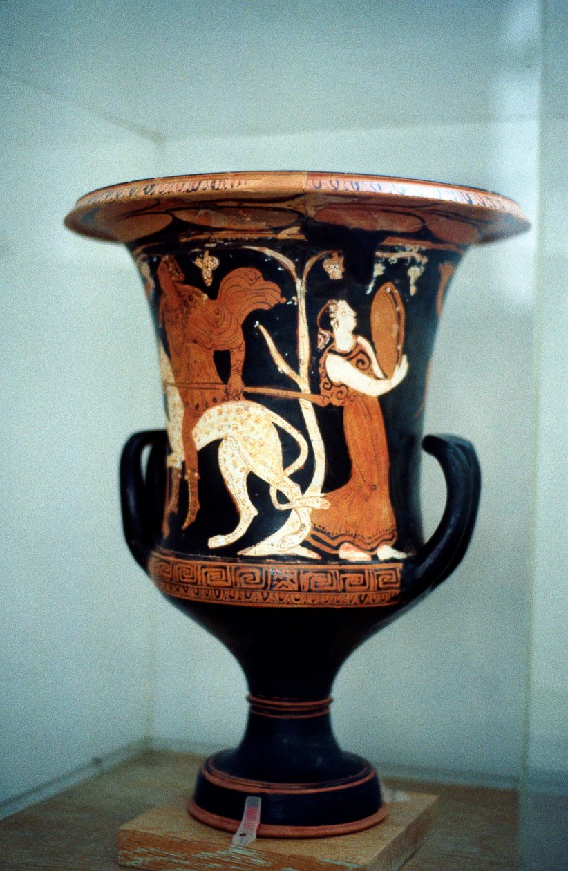 Oldgræsk vase med rød figurdekoration, inklusive en kvindelig danserinde, 5. århundrede f.Kr af Unbekannt