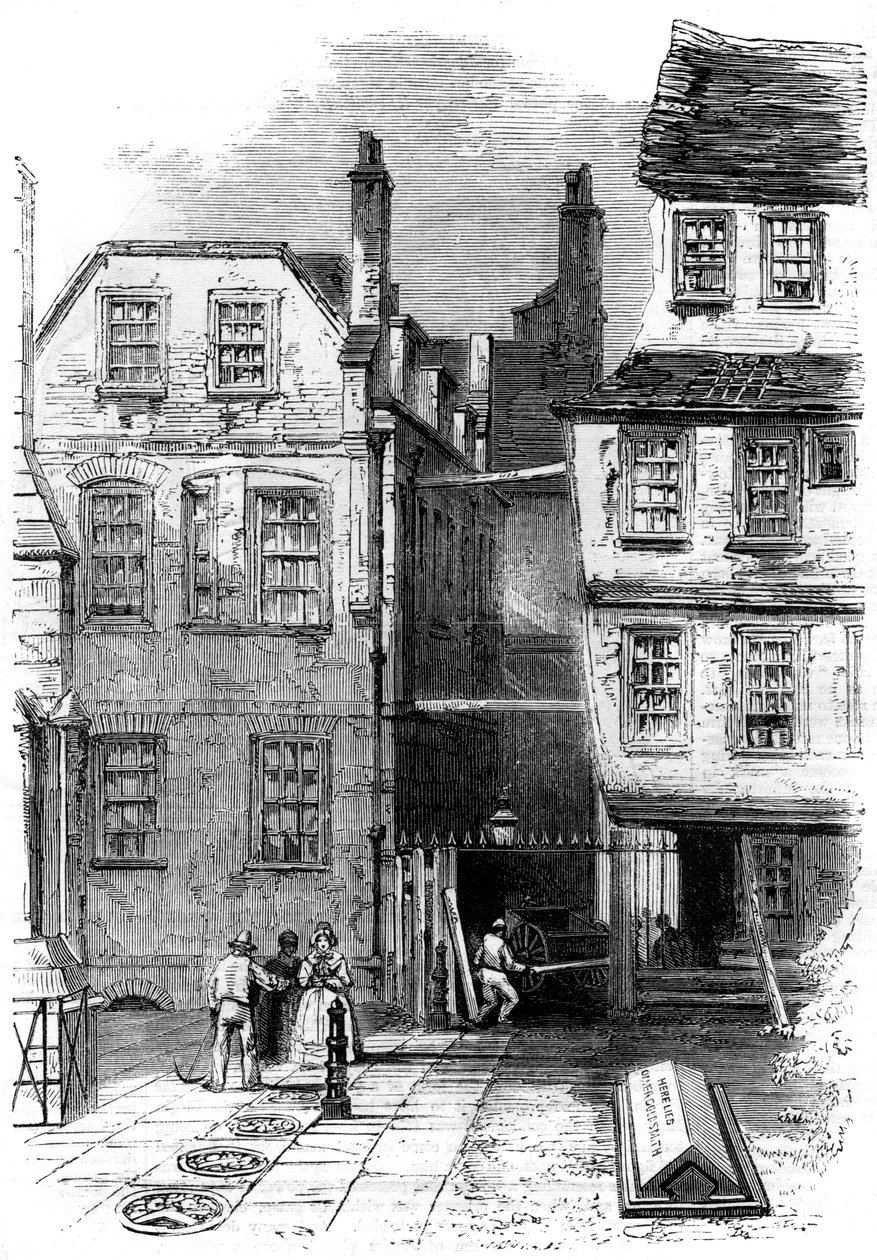 Gamle huse i templet og Oliver Goldsmiths grav, London, 1860 af Unbekannt