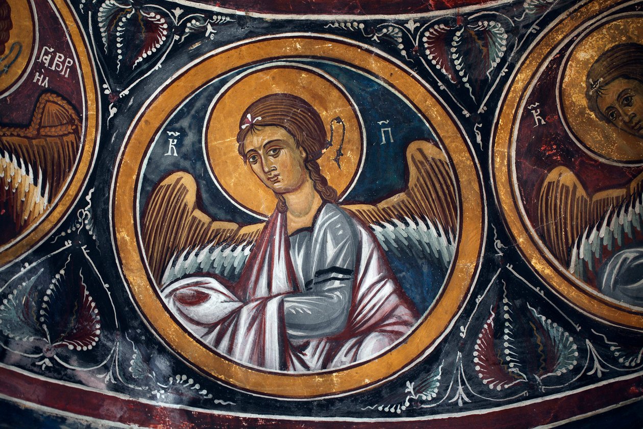 Englemedaljon omkring Kristus og den sidste dom Detalje af den byzantinske fresco fra Narthex-hvælvingen i kirken Asinou Sidste domsscene 1300-tallet (1332) UNESCO, verdens kulturarvssted Troodos-regionen, Cypern af Unbekannt