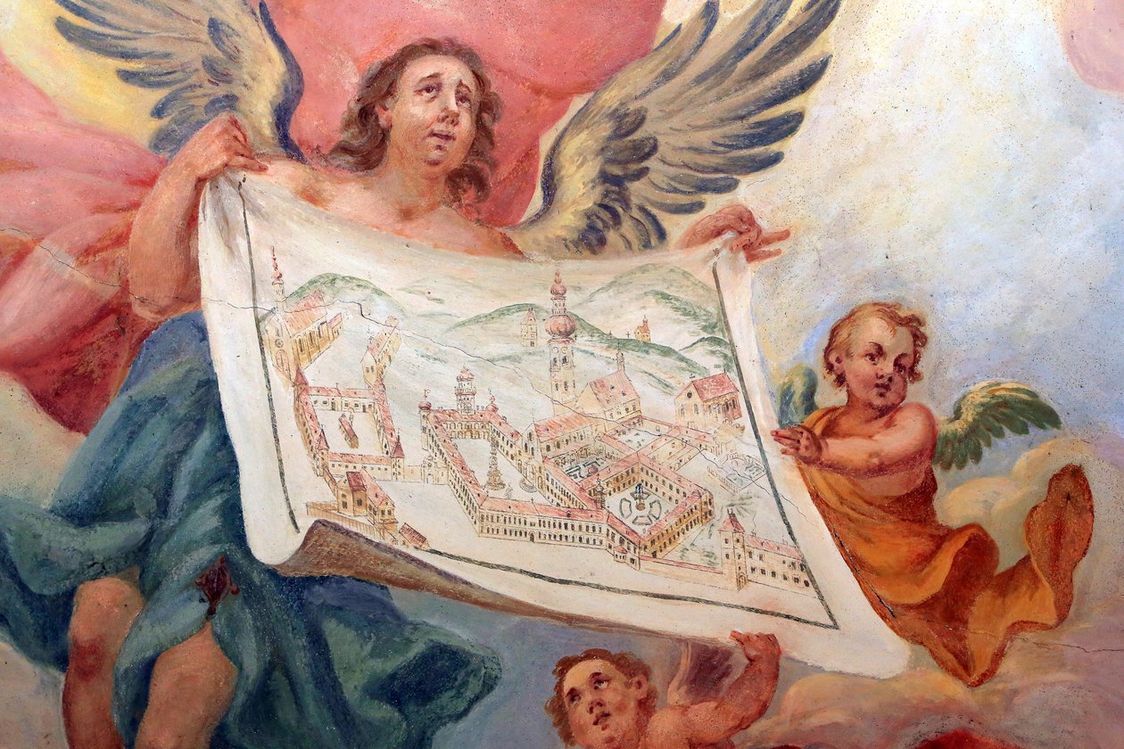 Engel holder en plan af Heiligenkreuz-klostret. Heiligenkreuz Abbey, Wien, Østrig af Unbekannt