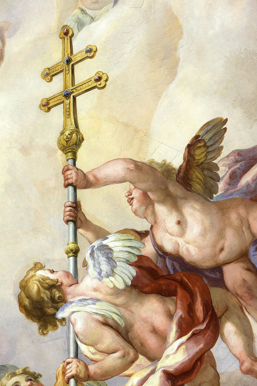 Engle holder et kors. Fresco af Johann Michael Rottmayrr. Karlskirche. St. Charles